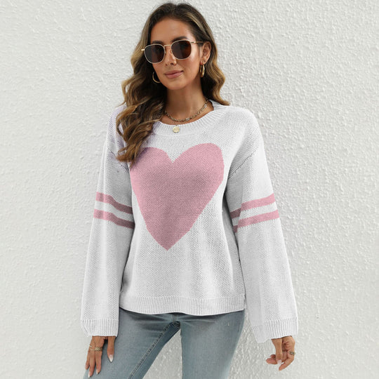 Damen Strickpullover mit Herzmotiv und lässigen Ärmelabschlüssen R&B