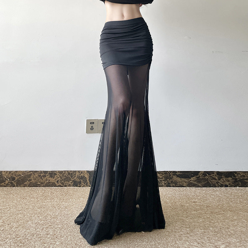 Damen Maxi-Rock mit transparentem Chiffon und gerafft Bund R&B