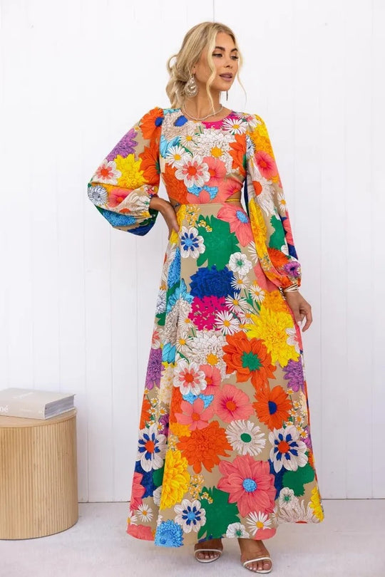 Damen Blumenmaxikleid mit voluminösen Ärmeln und floralem Allover-Print R&B