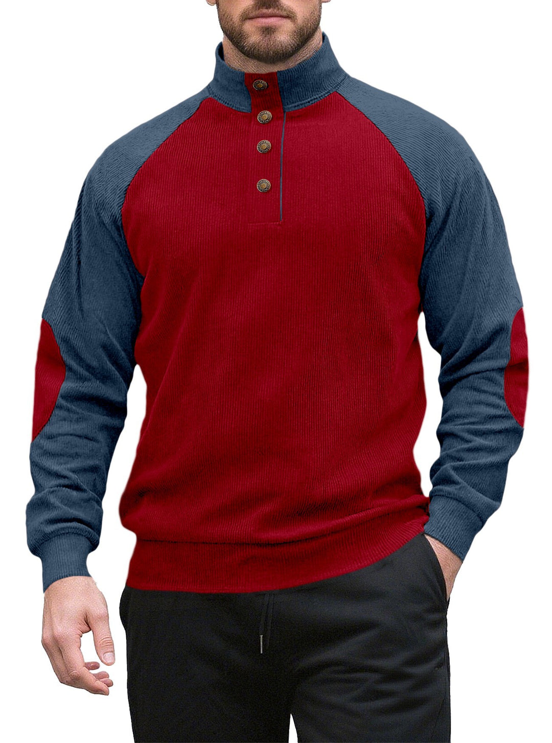 Herren nan zweifarbiger Ripptroyer mit asymmetrischer Knopfleiste und Velours-Ellbogenpatch R&B