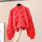 Damen kuscheliger Strickpullover mit voluminösen Ärmeln und Zopfmuster R&B