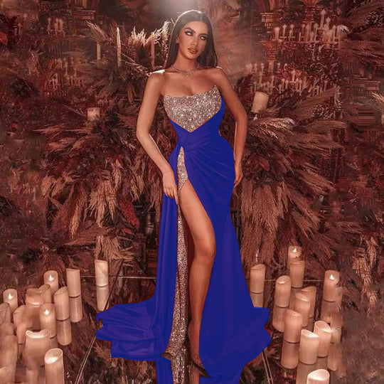 Damen Glamouröses Maxikleid mit funkelndem Oberteil und hohe Beinschlitz R&B