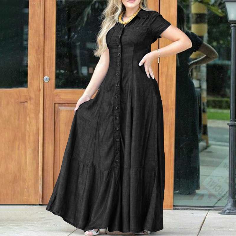 Damen Maxikleid mit Knopfleiste und schwingendem Saum R&B