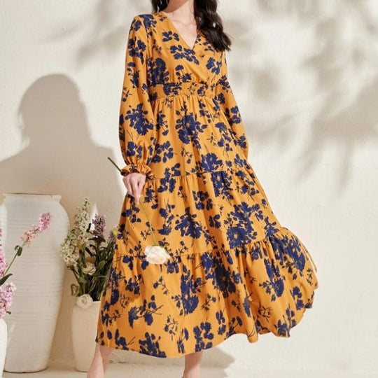 Damen Elegantes Maxikleid mit floralen Details und V-Ausschnitt R&B
