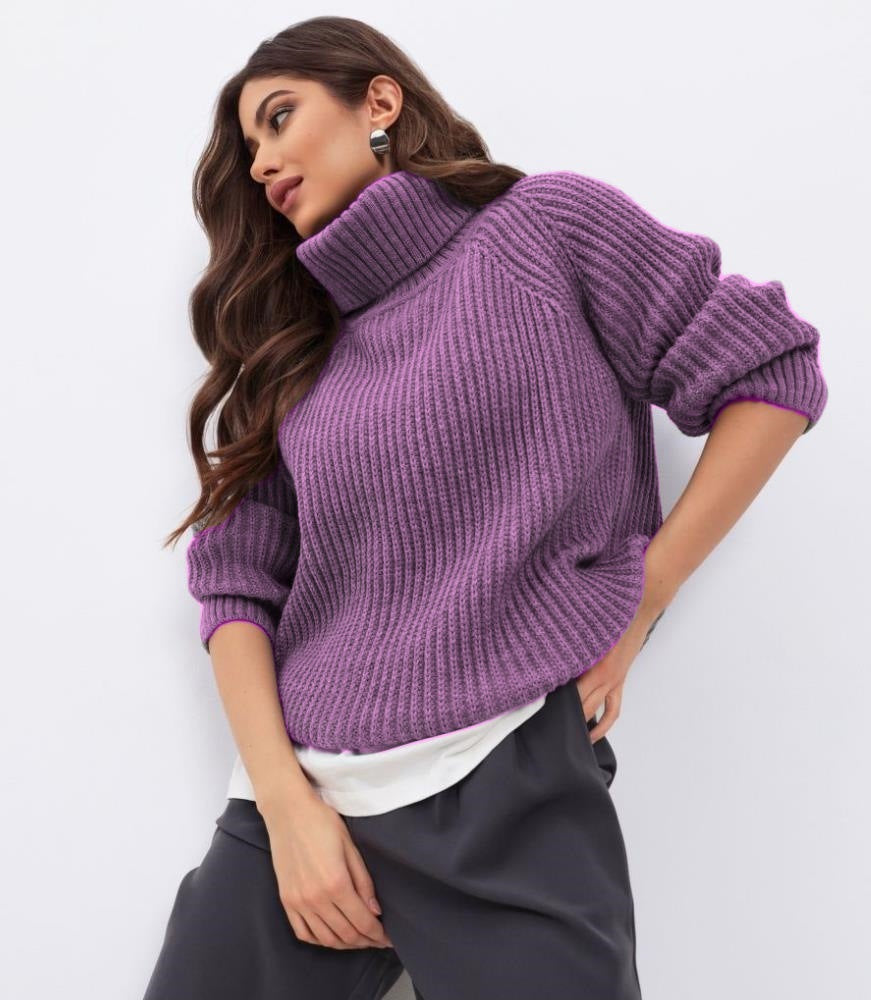 Damen Strickpullover mit hohem Kragen und Wabenstruktur R&B