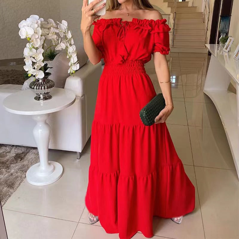 Damen Maxikleid mit Schulterfreiem Design und Voluminösen Rüschen R&B