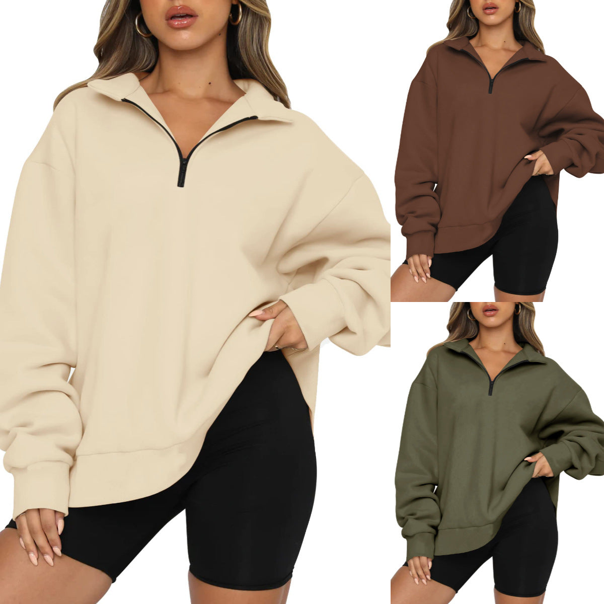 Damen Oversized Sweatshirt mit kurzem Reißverschluss und lässigem Schnitt R&B