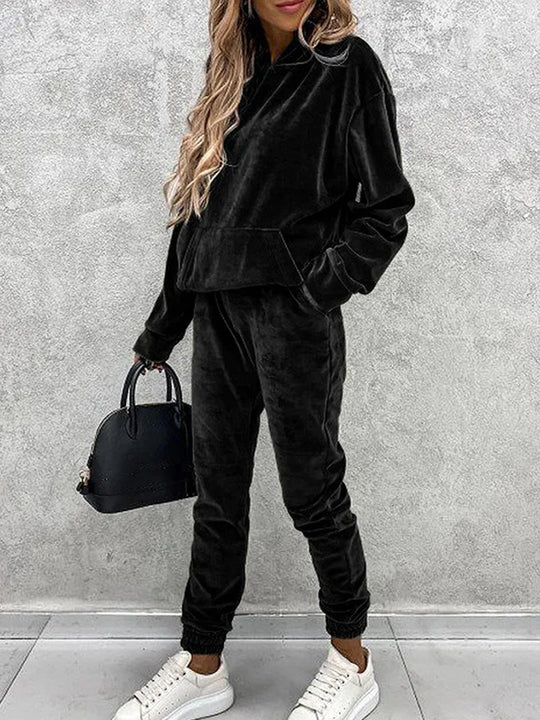 Damen luxuriöses Mikrofaser-Sportanzug mit Kapuze und Taschen R&B