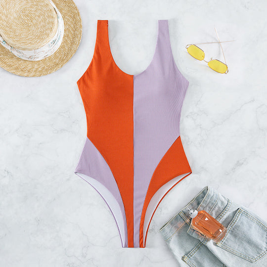 Damen Einteiliger Badeanzug mit tiefem V-Ausschnitt und modischen Farbblock-Design R&B