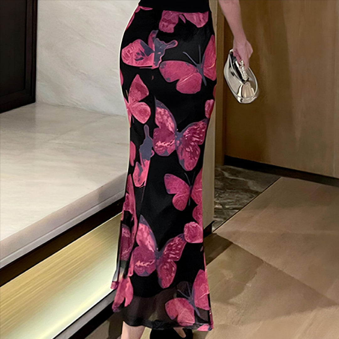 Damen Elegantes Maxikleid mit floralen Schmetterlingsmustern und transparentem Saum R&B