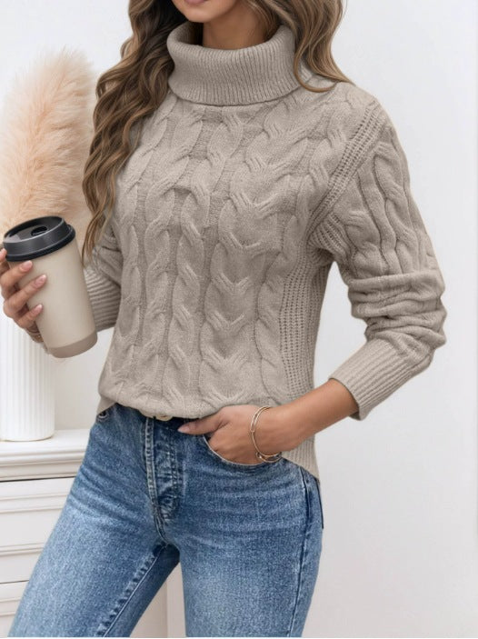 Damen Strickpullover mit hohem Kragen und Zopfmuster R&B