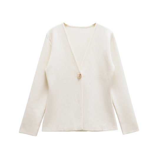 Damen lässiger V-Ausschnitt Cardigan mit dekorativem Knopf R&B