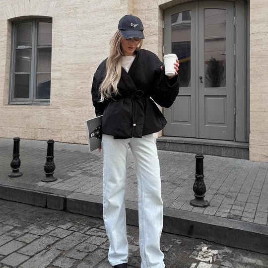 Damen lässige kurz geschnittene Jacke mit Taillengürtel und voluminösen Ärmeln R&B