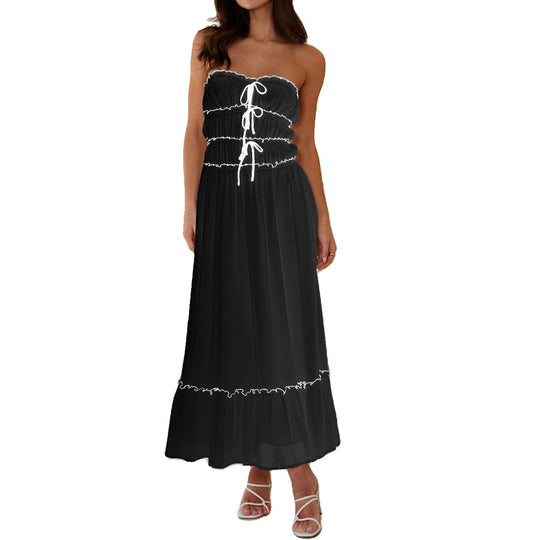 Damen Maxikleid mit dekorativen Rüschendetails und verstellbarem Bindegürtel R&B