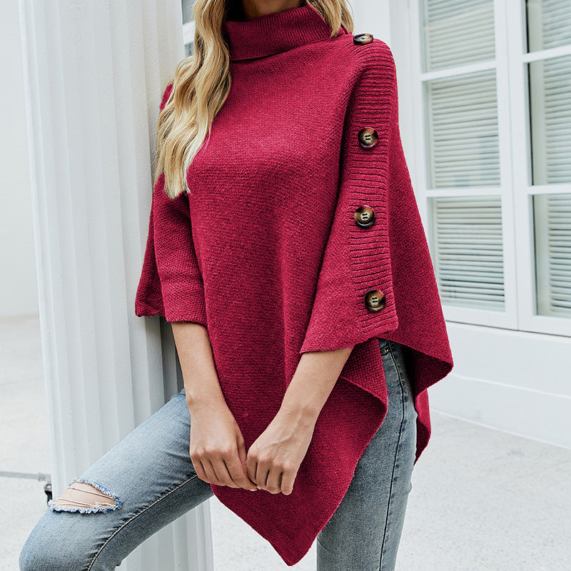 Damen Strickponcho mit hohem Kragen und dekorativen Knöpfen R&B