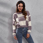 Damen Oversized Strickpullover mit modernen Karomuster und hohem Kragen R&B