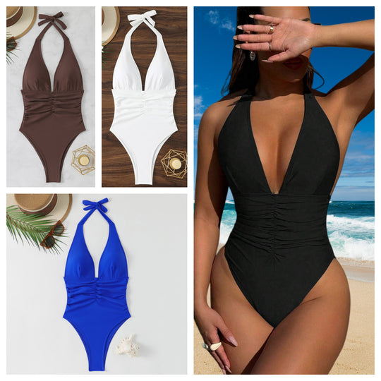 Damen Hoch geschnittener Badeanzug mit elegantem V-Ausschnitt und verspieltem Rüschendetail R&B