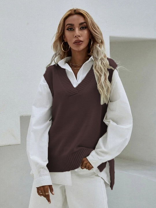Damen Strickweste mit V-Ausschnitt und feinen Rippstrukturen R&B