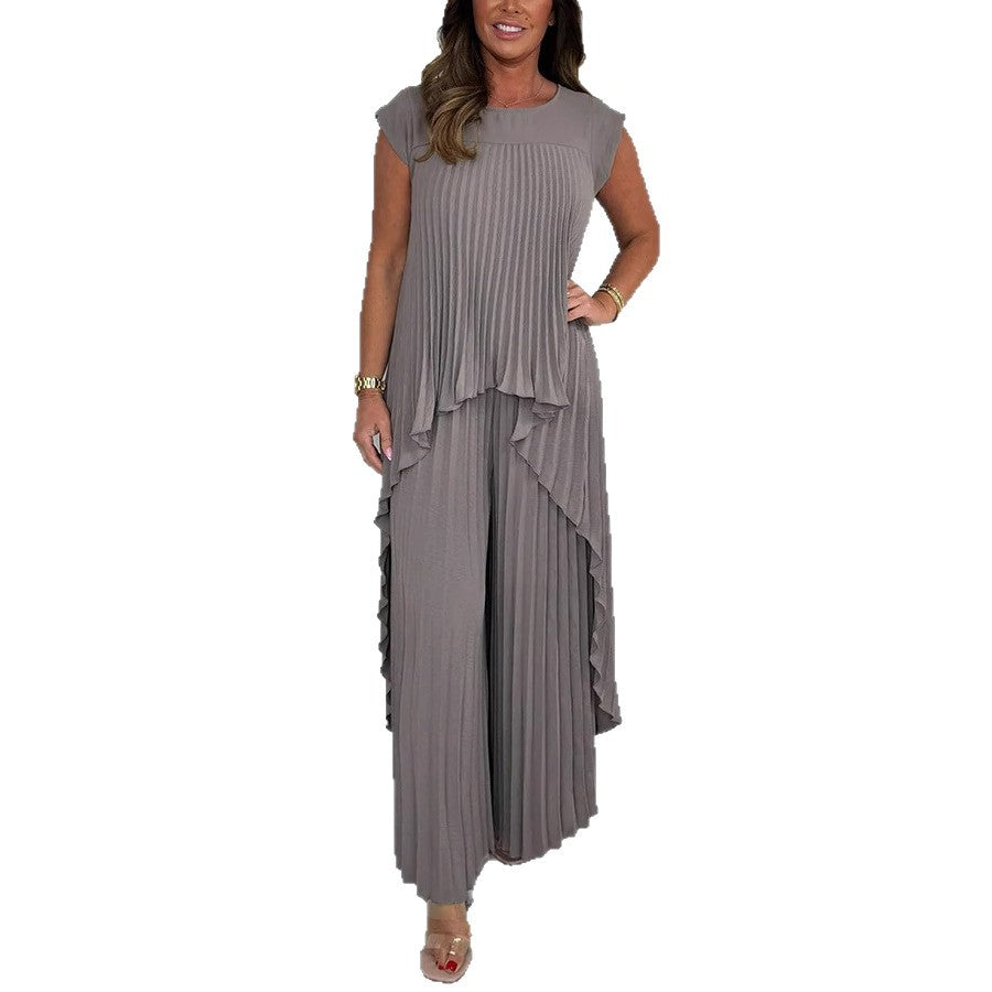 Damen elegantes Plissee-Jumpsuit mit asymmetrischem Saum und fließendem Design R&B