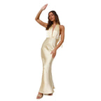 Damen elegantes satiniertes Maxikleid mit tiefem V-Ausschnitt und figurbetontem Schnitt EB
