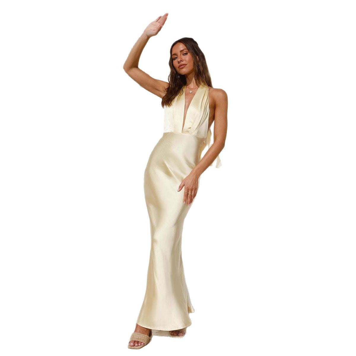 Damen elegantes satiniertes Maxikleid mit tiefem V-Ausschnitt und figurbetontem Schnitt EB