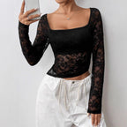 Damen Transparente Spitzenbluse mit langen Ärmeln und elegantem Ausschnitt R&B