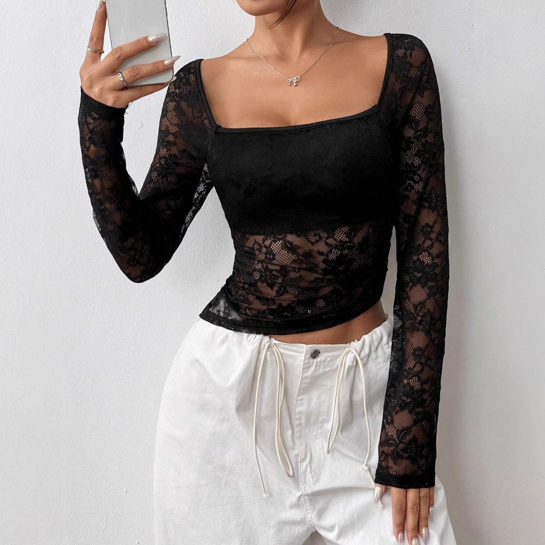 Damen Transparente Spitzenbluse mit langen Ärmeln und elegantem Ausschnitt R&B