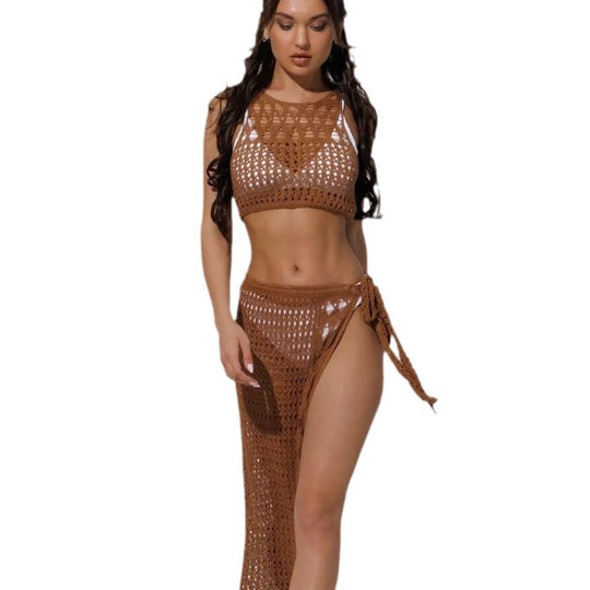 Damen Häkel-Bikini-Set mit hochgeschnittenem Rock R&B