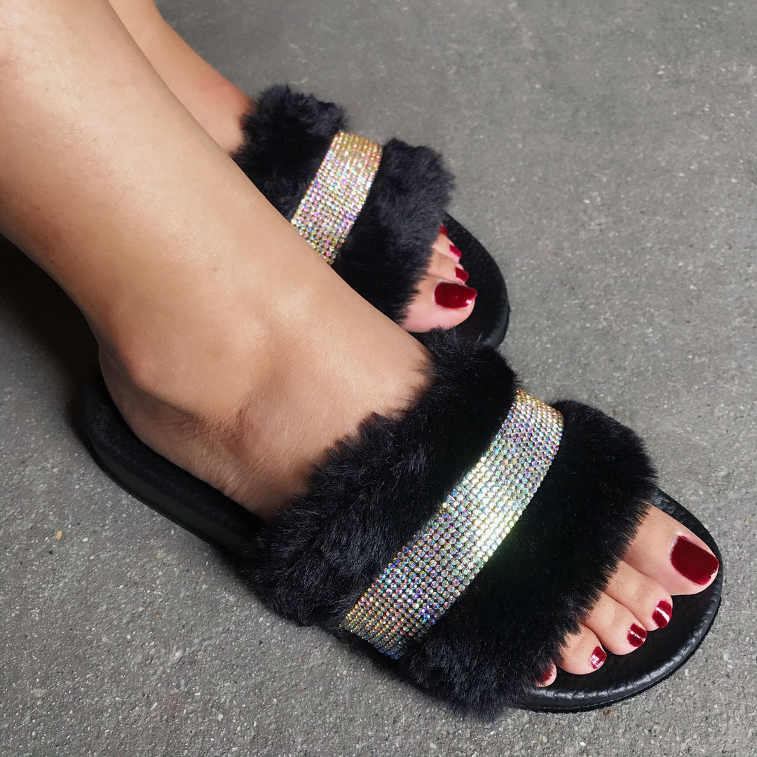 Damen Flauscher Slides mit Strass-Applikation R&B