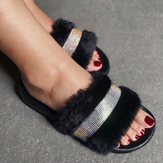 Damen Flauscher Slides mit Strass-Applikation R&B