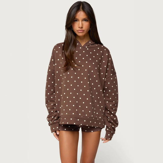 Damen nan gepunktetes Komfort-Set mit Kapuzensweatshirt, Kängurutasche und Shorts R&B