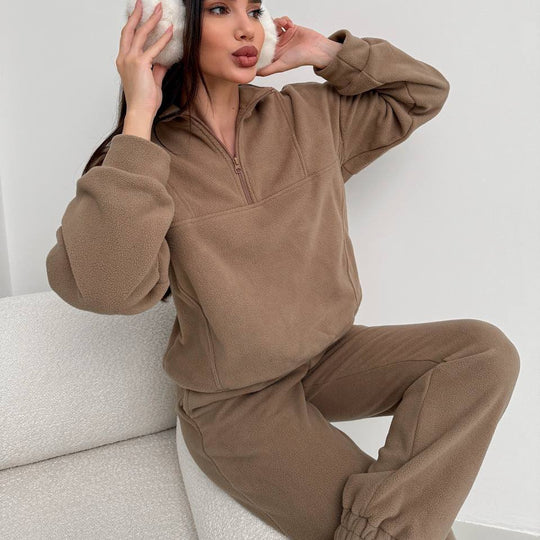 Damen gemütliches Fleece-Hoodie-Set mit hohem Kragen und praktischen Taschen R&B