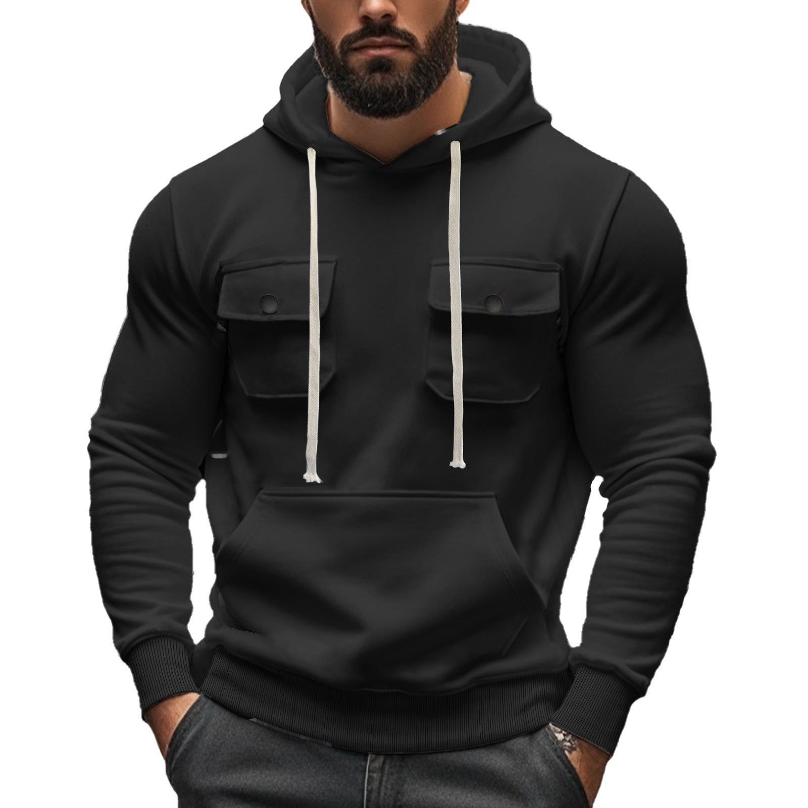 Herren nan sportiver Kapuzenpullover mit aufgesetzten Klappentaschen, Kängurutasche und schmalem Saum R&B