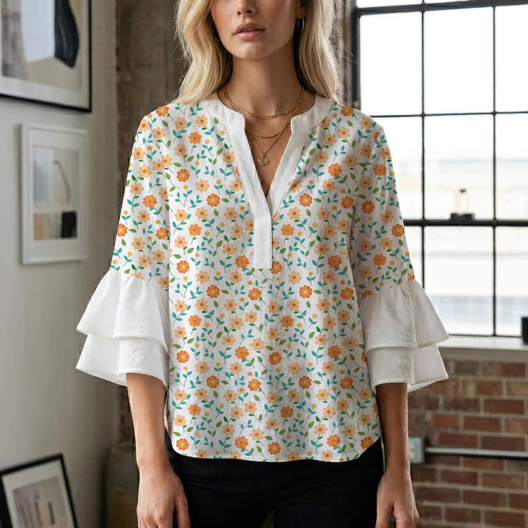 Damen Blusenshirt mit voluminösen Ärmeln und kreativem Druckdesign R&B