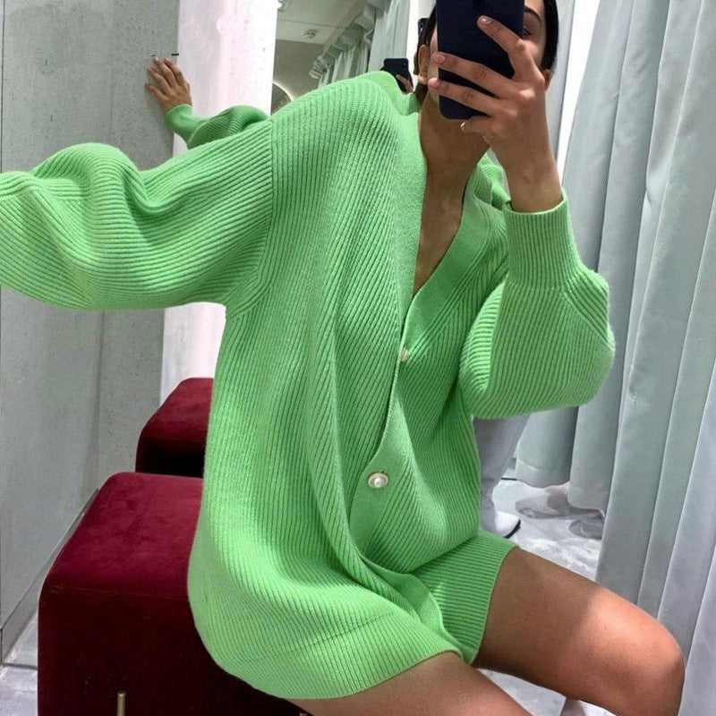 Damen Offene Strickjacke mit Knöpfen und V-Ausschnitt R&B