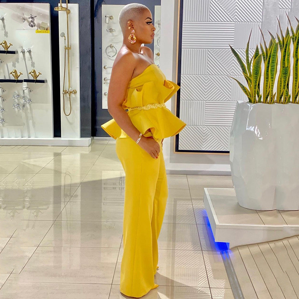 Damen Peplum Jumpsuit mit elegantem Oberteil und weiten Beinen R&B
