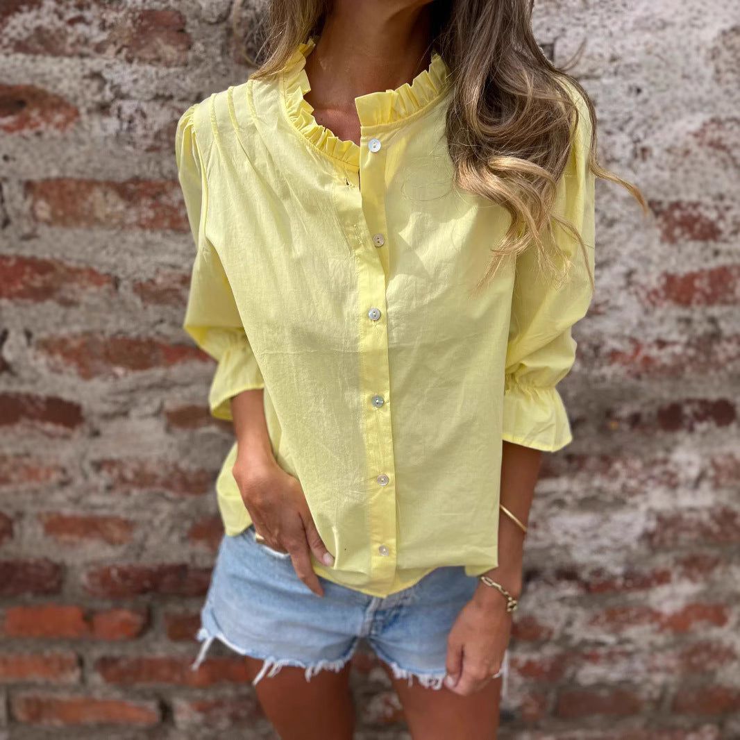 Damen luftige Bluse mit Rüschendetails und voluminösen Ärmeln R&B