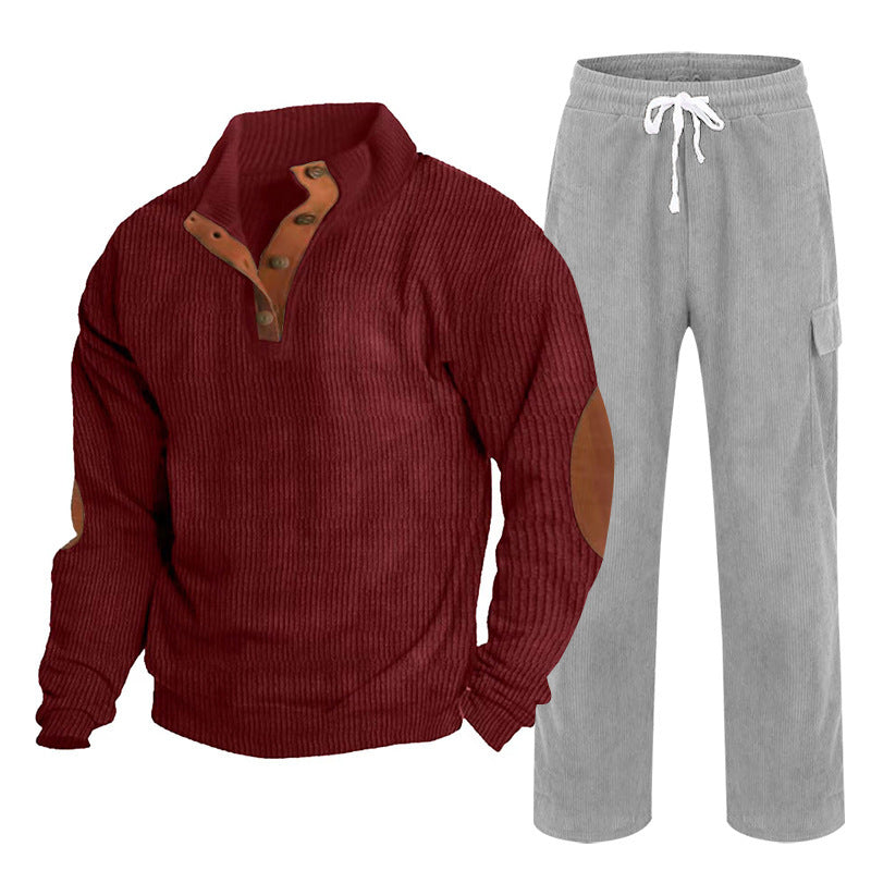 Herren nan Strick-Freizeitset mit Knopfleiste und Ellenbogenaufnähern sowie Cord-Cargohose R&B