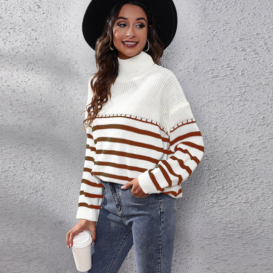Damen Komfortabler Rollkragenpullover mit modernem Streifenmuster R&B