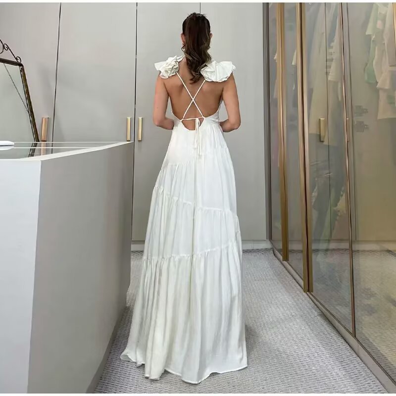 Damen Maxikleid mit schwingendem Rüschendesign und elegantem V-Ausschnitt R&B