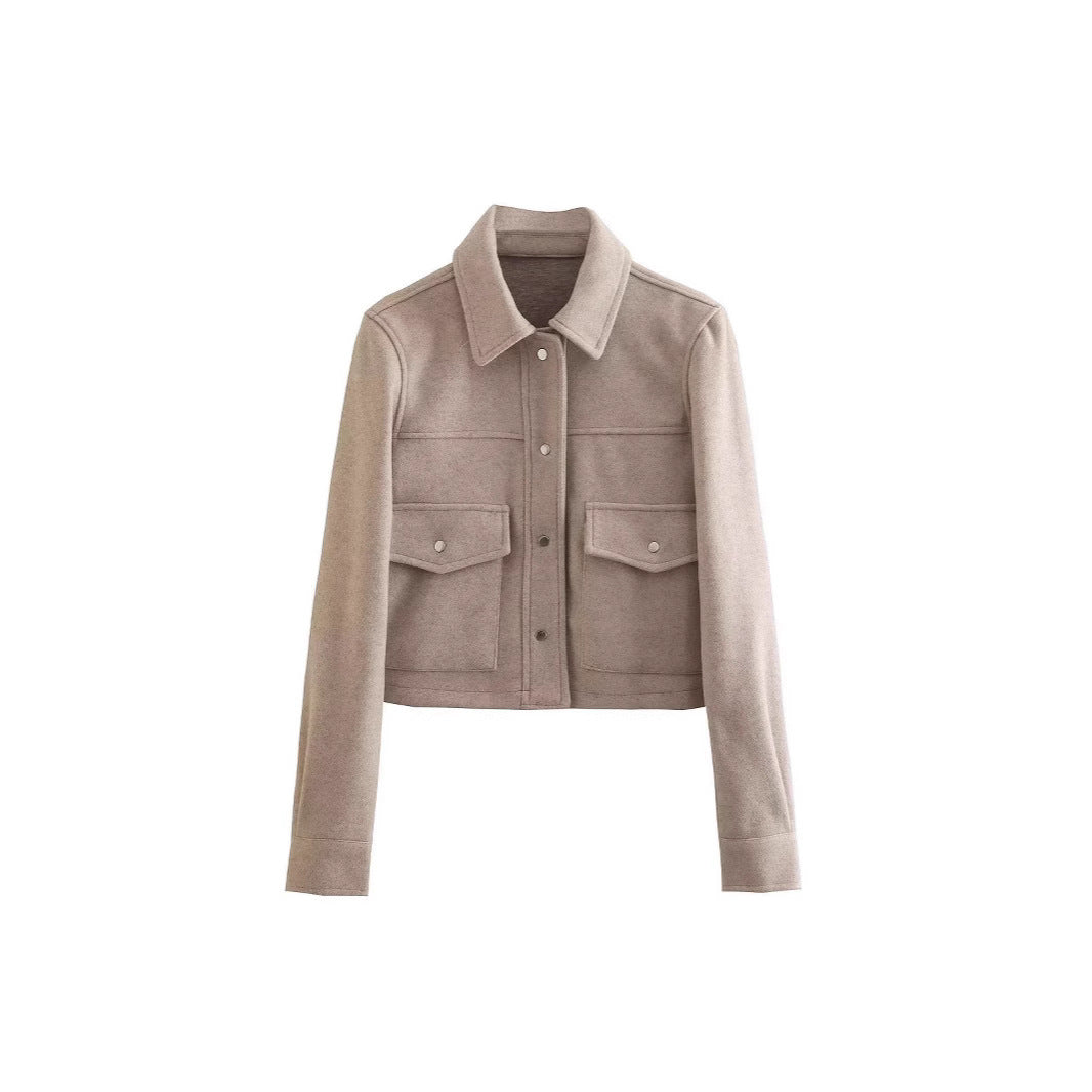 Damen kurze Wolljacke im klassischen Stil mit aufgesetzten Taschen R&B