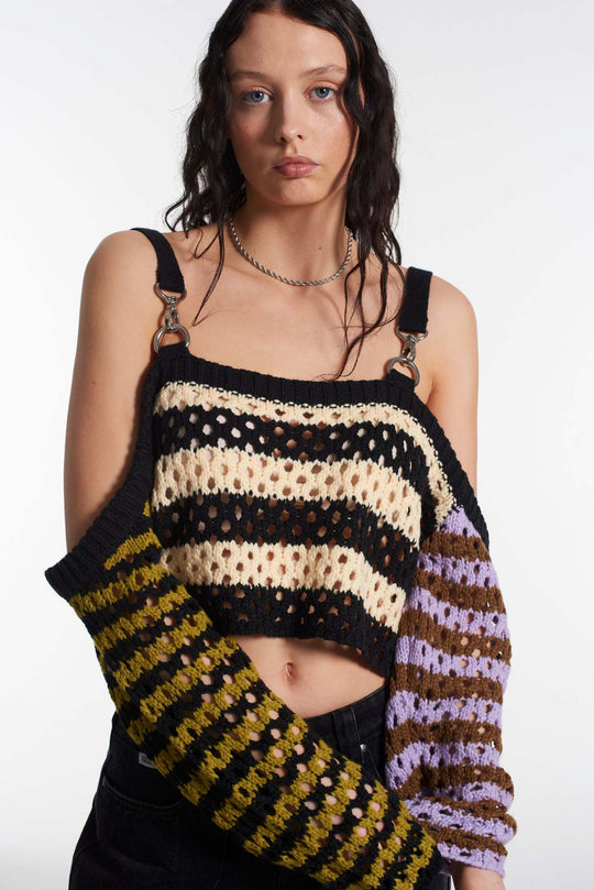 Damen gehäkeltes Crop-Top mit kreativen Streifen und dekorativen Ärmeln R&B