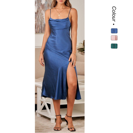 Damen Satin Maxikleid mit elegantem Schlitz und verstellbaren Trägern R&B