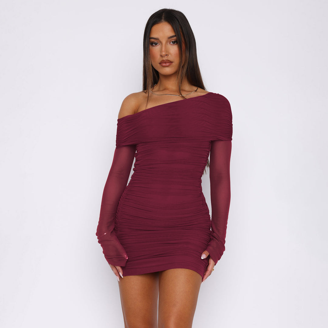 Damen Elegantes Minikleid mit asymmetrischen Ärmel und Raffung R&B