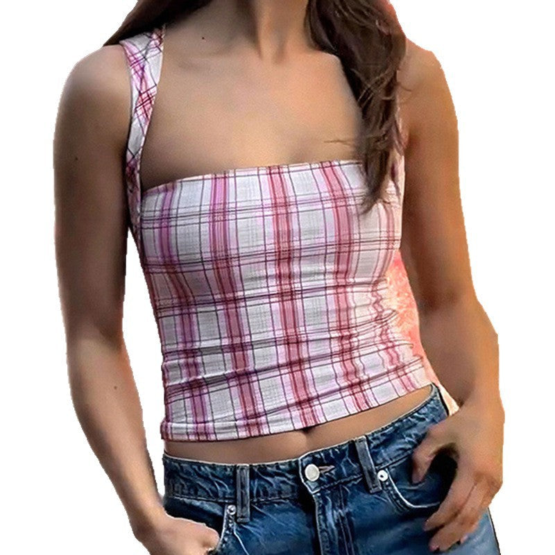 Damen figurbetontes Karo-Top mit elegantem Schnitt und transparenten Einsätzen R&B