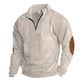 Herren nan gerippter Feinstrick-Pullover mit kurzem Reißverschluss Stehkragen und Lederoptik-Ellbogenpatches R&B
