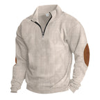 Herren nan gerippter Feinstrick-Pullover mit kurzem Reißverschluss Stehkragen und Lederoptik-Ellbogenpatches R&B