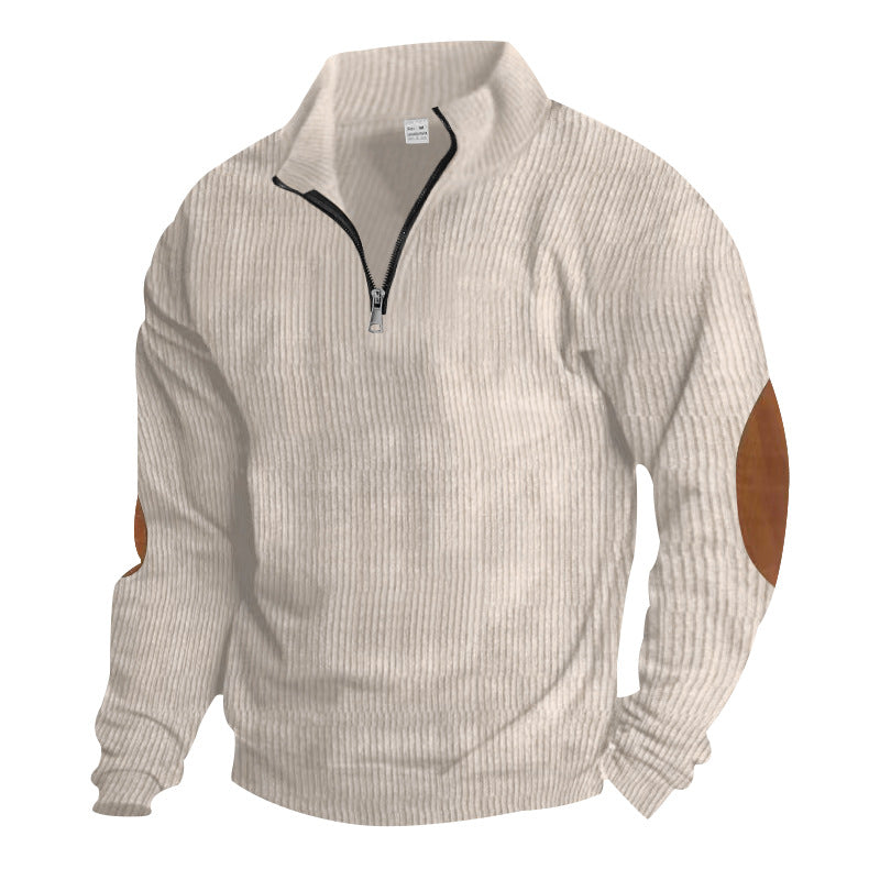 Herren nan gerippter Feinstrick-Pullover mit kurzem Reißverschluss Stehkragen und Lederoptik-Ellbogenpatches R&B