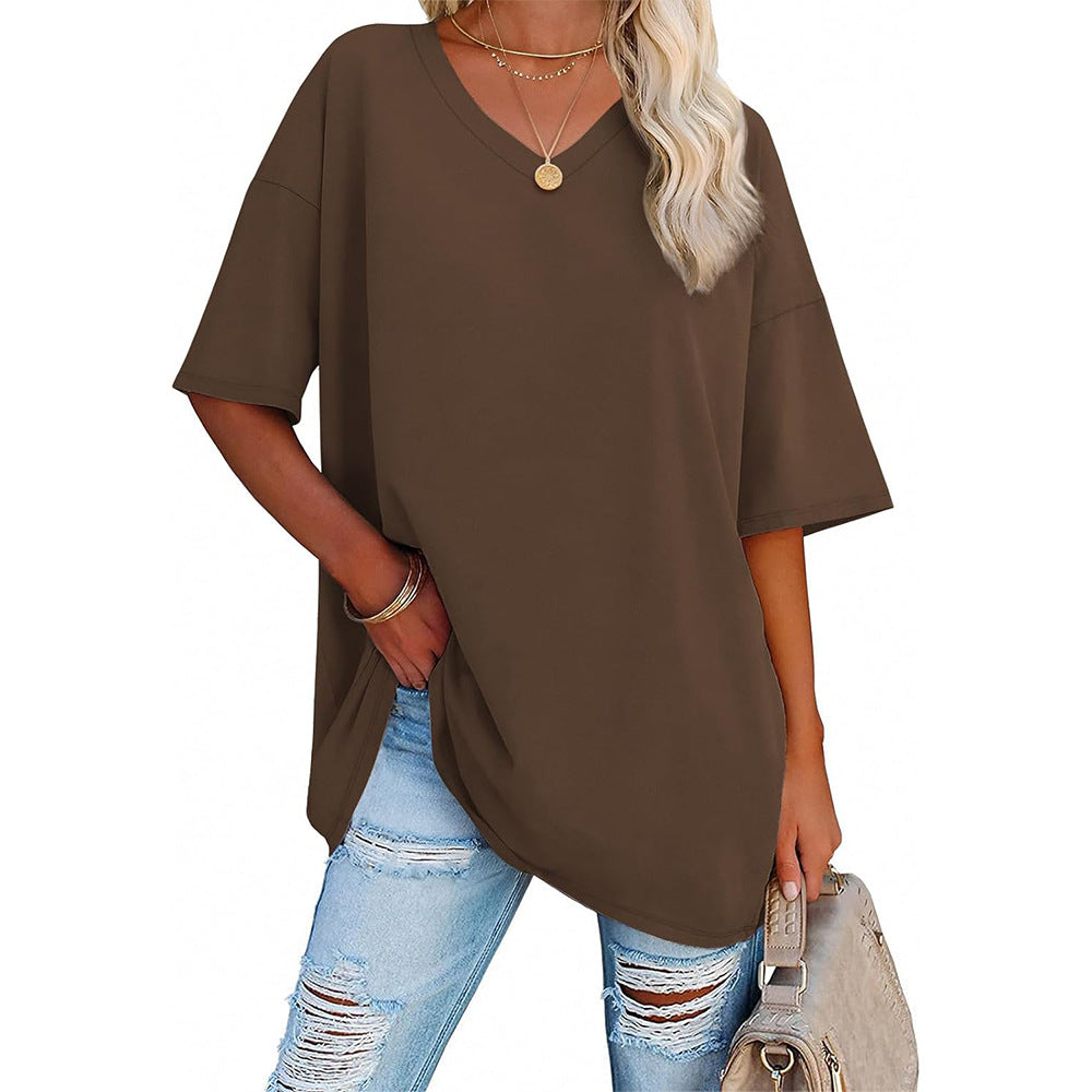 Damen Oversized T-Shirt mit V-Ausschnitt und seitlichen Schlitzen R&B