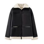 Damen Kunstlederjacke mit warmem Sherpa-Futter und praktischen Taschen R&B